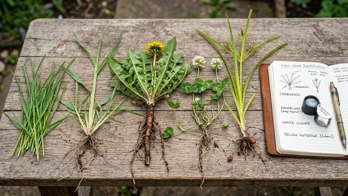 Botanical field guide photograph showing Crabgrass, Dandelion taproot, White Clover, and Yellow Nutsedge with loupe